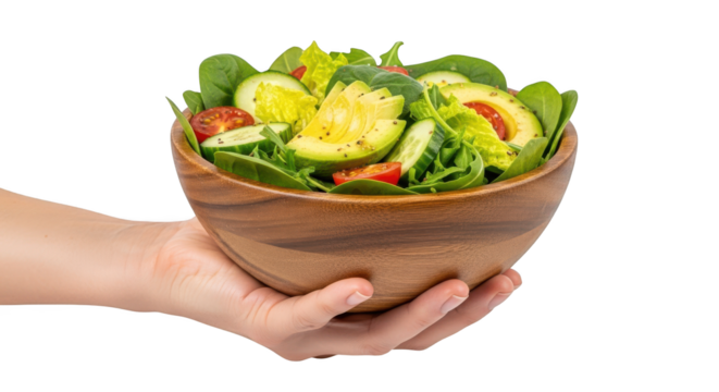 Fresh salad in wooden bowl being held healthy eating vegetarian diet vegan food avocado cucumber spinach tomatoes on transparent background - Powered by Adobe