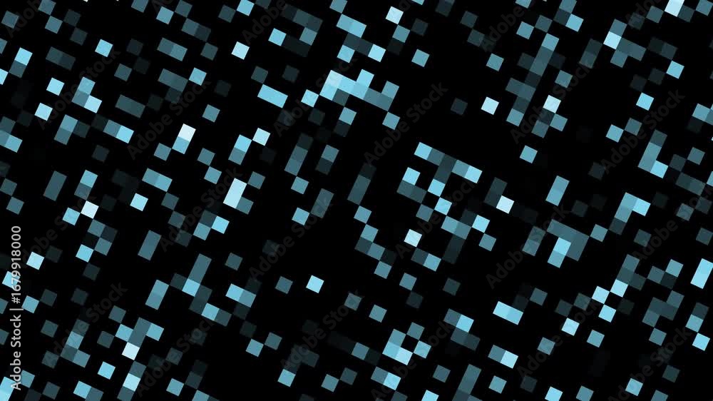 Poster mesmerizing teal pixel rain dance on black background animation loop 4k uhd