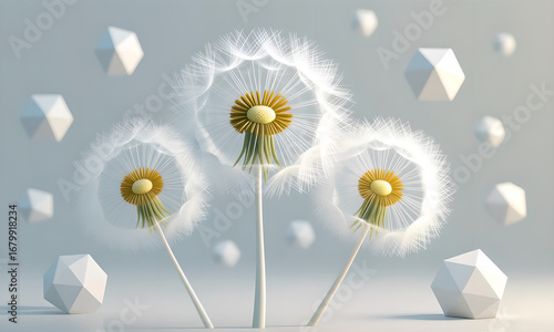 Stylized Dandelion Seed Heads with Geometric Shapes on Light Gray Background