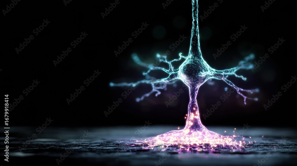Poster colorful neuron structure illuminated in dark background showcasing intricate connections and vibran