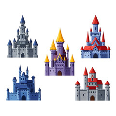 Obraz premium Collection of five fairytale castles isolated on white background