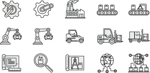 Line art icons depicting manufacturing processes and industrial automation on a light gray background