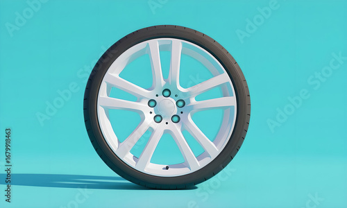 Stylish White Car Wheel with Tire Isolated on Teal Background