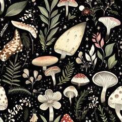 Whimsical mushroom and plant pattern on dark background