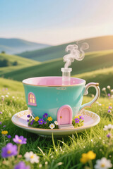 A whimsical teacup with a tiny house design steams on a saucer surrounded by flowers in a lush green field under a clear sky.
