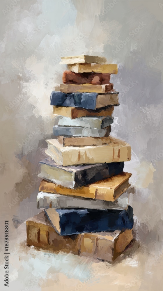 Poster stacked books in various colors and textures create an artistic display in a cozy reading nook, perf