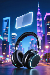 A pair of black wireless headphones with glowing blue accents sits prominently in the foreground, while a futuristic smartphone hovers above them against a backdrop of a vibrant cityscape at night.