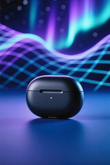 A sleek black wireless earbud case sits prominently in the foreground against a vibrant blue and purple gradient background with abstract light patterns.