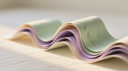 A close-up photo captures the intricate folds of a stack of origami paper with pastel colors and subtle patterns.
