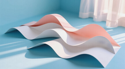 Three wavy pieces of paper, two white and one pink, lie on a blue textured surface with a glass bottle in the background.