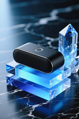 A sleek black electronic device rests on a stack of translucent blue platforms with a large crystal in the background.