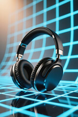 A pair of black over-ear headphones rests on a reflective surface with a blue grid pattern background.