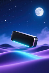 A sleek, futuristic device hovers above a purple landscape under a starry night sky with a prominent moon.
