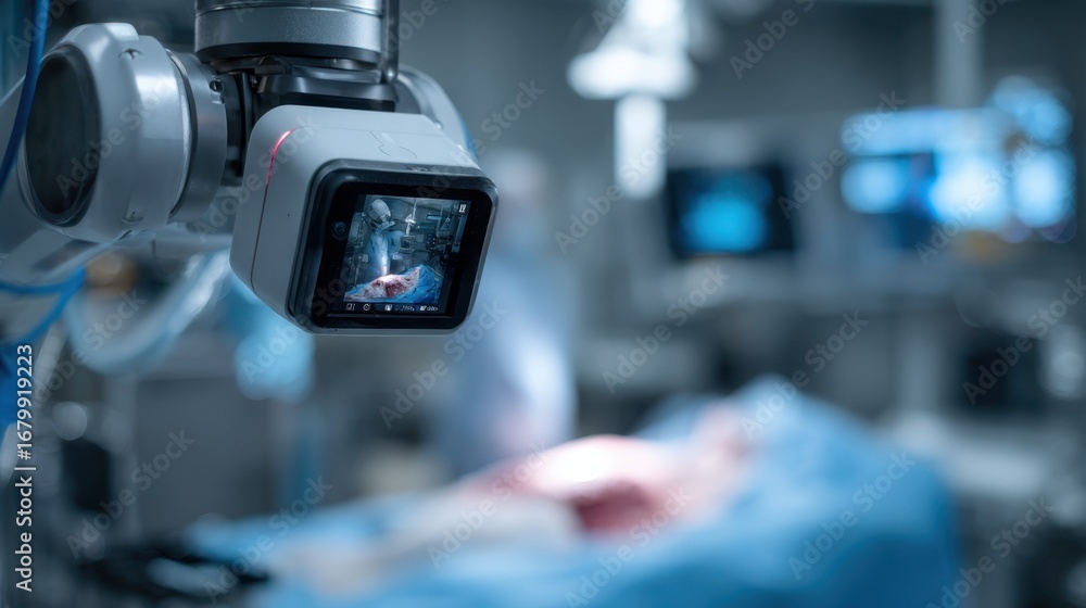 Poster focused medium shot of an ai camera mounted on a robotic arm capturing 3d depth data of a wound surr