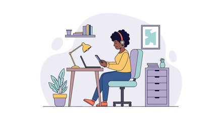 Professional Black woman wearing headphones, working remotely at her home office desk with a laptop and smartphone. Illustrates productivity and communication.