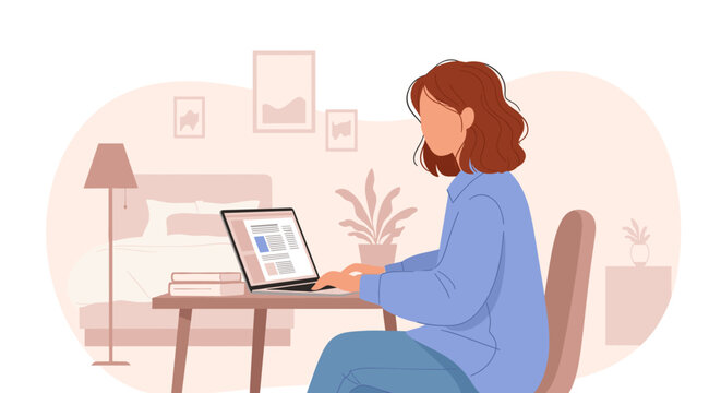 Professional woman uses laptop for remote work or online study from her modern home office, symbolizing productivity and flexible lifestyle.