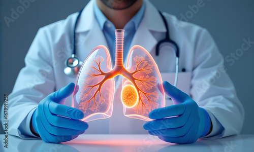 Doctor holding a digital model of lungs with a tumor visible