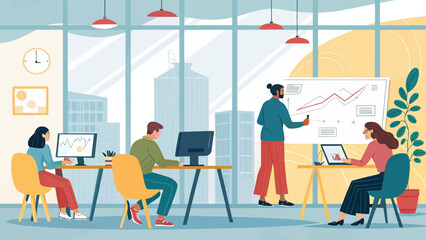 Diverse team collaborating in a modern office, analyzing data and strategizing for business growth and success. Ideal for corporate or startup concepts.