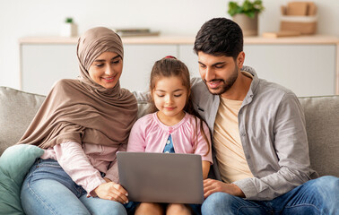 Fototapeta premium Cheerful muslim family having fun with laptop, surfing internet, playing games or having video chat, sitting together on sofa. Happy arab man, child and woman in hijab resting at home