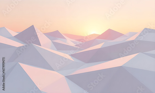 Low Poly Mountain Landscape with Sunrise, Minimalist Aesthetic Background Illustration.