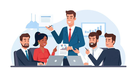 A diverse business team collaborates in an office meeting, led by a manager presenting charts and discussing corporate strategy and growth.