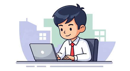 Smiling young man focused on his laptop at a desk, representing productivity, online work, and digital learning in a modern office or study setting.