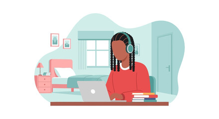 Focused student or remote worker wearing headphones, using a laptop at a desk in a cozy bedroom setting. Ideal for online learning, remote work, or quiet study concepts.