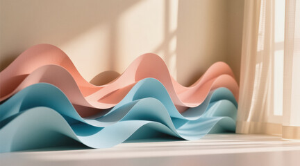 Wavy paper sculptures in shades of blue and pink create a dynamic display on a white surface near a window.