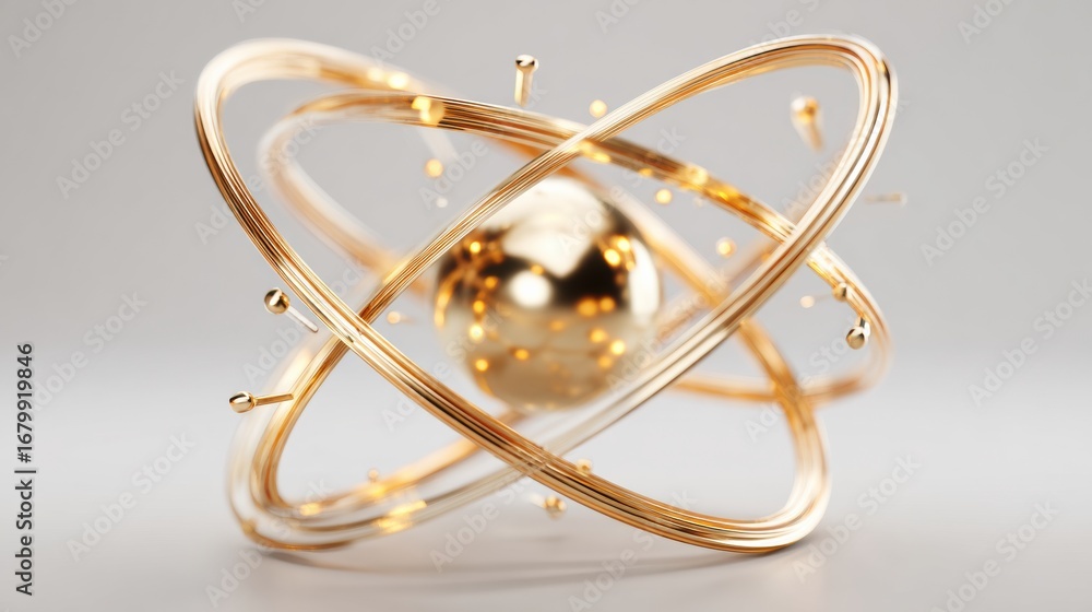 Poster golden atom model with swirling electrons representing atomic structure in a scientific context