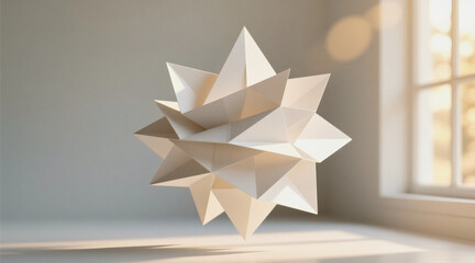 A geometric paper sculpture casts intricate shadows on a wall near a window with soft natural light.