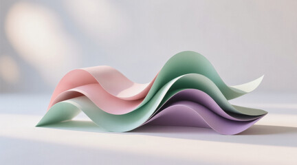 Four wavy paper strips in shades of pink, green, purple, and gray undulate gracefully on a white surface.