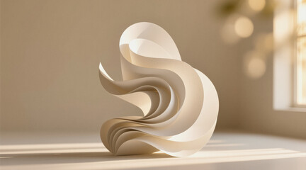 A white paper sculpture with flowing, organic shapes stands on a surface near a window, casting soft shadows.