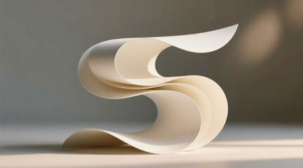 A white paper sculpture forms an abstract, flowing S shape against a blurred gray background.