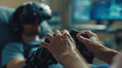 Close medium shot of VR equipment and patients hands gripping flight controls in therapy booth blurred clinic environment highlights immersive anxiety treatment process.