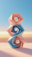 Three origami flowers in pink, blue, and white stack on top of each other against a gradient sky background.