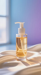 A clear bottle with a white pump dispenser filled with golden liquid sits on a crumpled white cloth near a window.