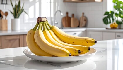 Fresh bananas on a plate in a bright kitchen