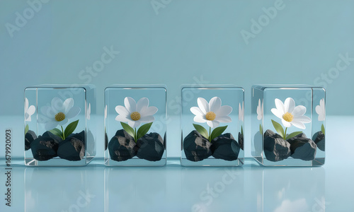 Conceptual flower arrangement: White daisy flowers with rocks in clear blocks
