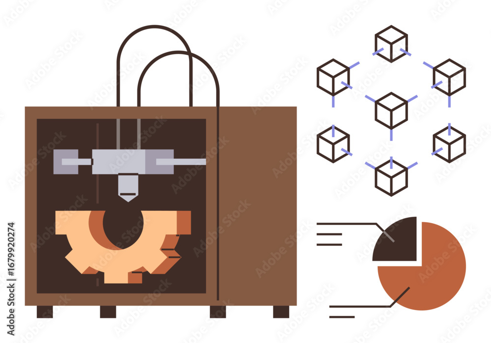 Poster 3d printer producing a gear, blockchain network symbolizing connectivity, and circular chart demonst