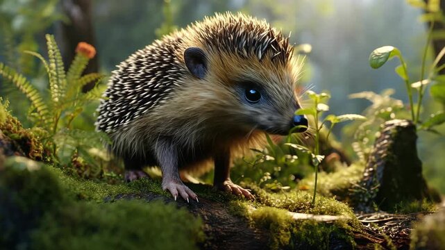 Hedgehog in forest : An adorable hedgehog emerges from the forest to explore it in details, his unique coat blending seamlessly with the soft moss of the forest floor, under the dappled light.