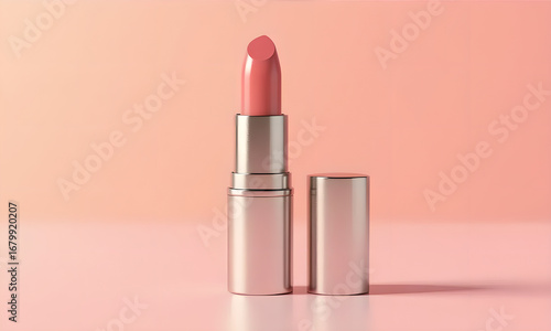 Elegant Pink Lipstick Standing Tall on a Peach-Colored Background for Cosmetics Advertisement