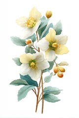 Obraz premium white hellebore cluster with bluish-gray leaves and tiny berries, engraved petal striations, translucent watercolor layers, quiet eggshell canvas