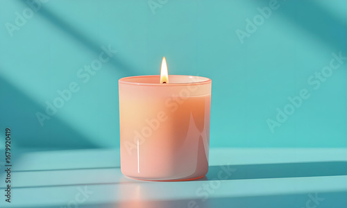 Burning Scented Candle on Pastel Surface Against Blue Wall with Shadows