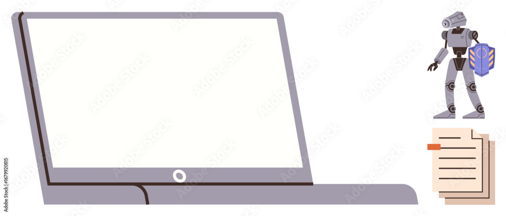 Aufkleber robot holding data shield near laptop and documents, representing ai data security and digital workf