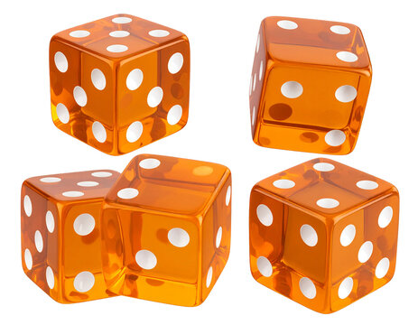 Four orange dice rolling; isolated on black background, used for gambling, games, or decision making