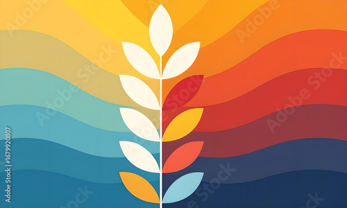 Abstract Wheat Stalk Illustration Against Colorful Waves, Retro Aesthetic Graphic Design
