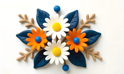 Obraz premium Whimsical Floral Arrangement: Daisies, Leaves, and Branches in a Playful Style