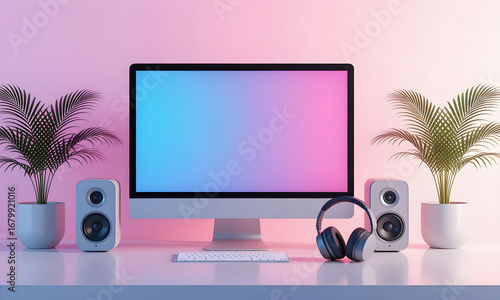 Modern Computer Setup with Speakers, Headphones, and Palm Plant Against Pink Backdrop