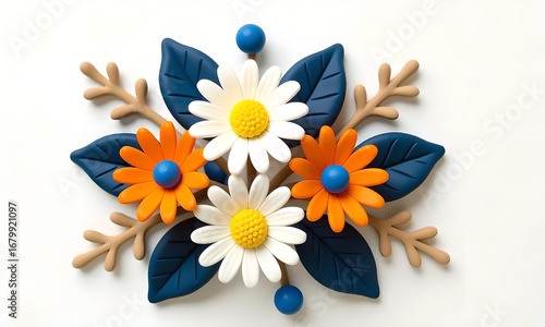 Whimsical Floral Arrangement: Daisies, Leaves, and Branches in a Playful Style
