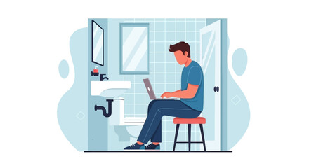 Man on laptop in a bathroom, depicting remote work, work-life integration, and finding a quiet space for productivity. Modern lifestyle.